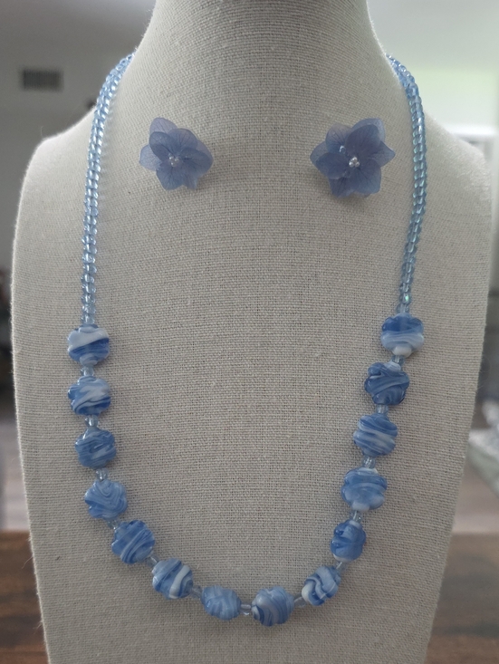 Jewelry - Blue Floral Glass Bead Necklace and Earrings Set